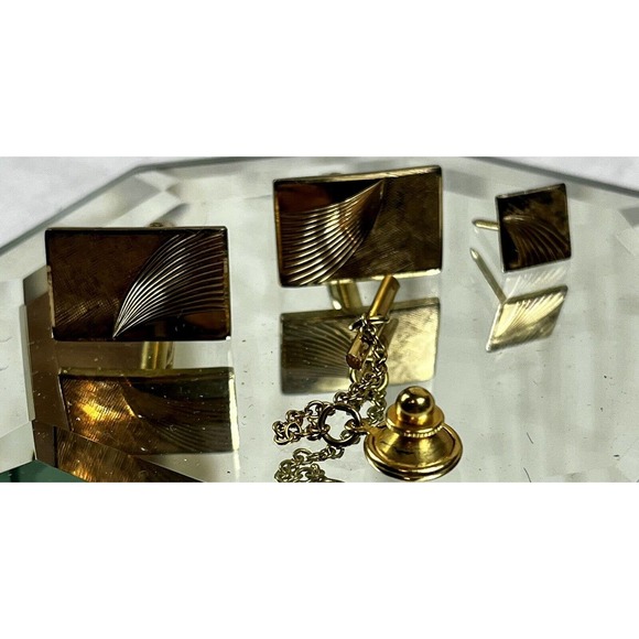 Yellow Gold 14K Filled 1/20th Quality Vintage Cuff Links & Tie Tack Set w/ Box - Picture 13 of 16